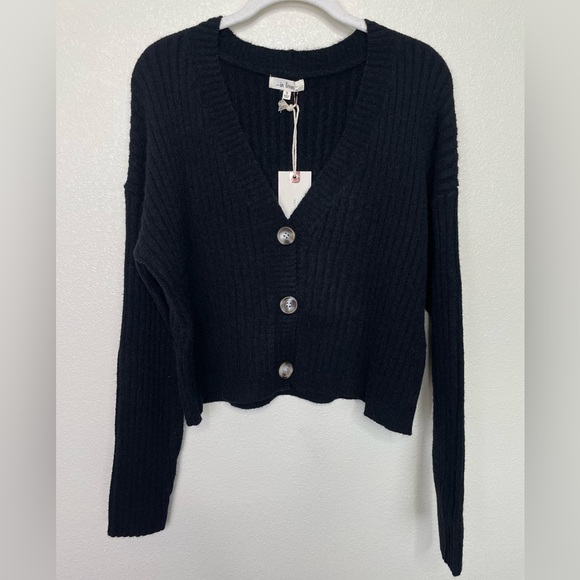 In Loom Black Ribbed Knit Cardigan And Midi Skirt Set V-Neck Long Sleeve Stretch - Picture 7 of 16